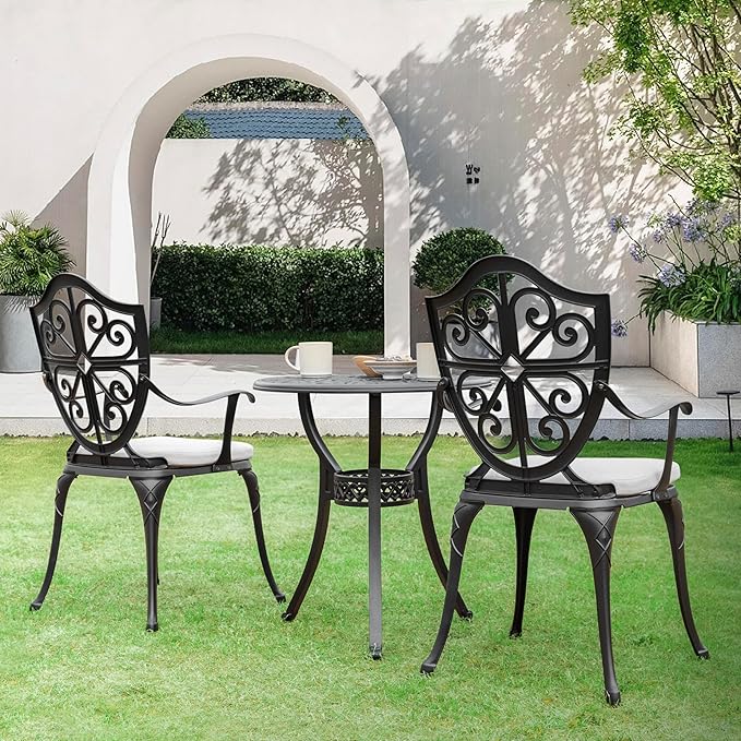 NUU GARDEN 3-Piece Cast Aluminum Bistro Set, Outdoor Patio Bistro Table and Chairs with Umbrella Hole and Grey Cushions, Black