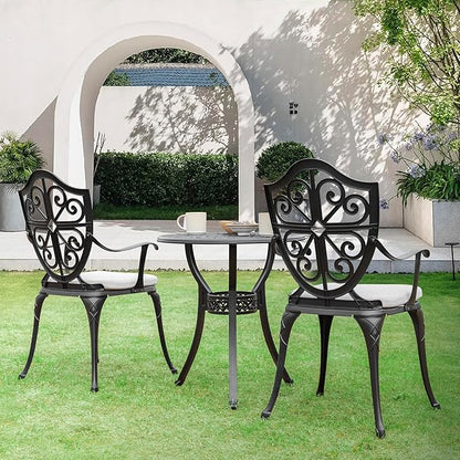 NUU GARDEN 3-Piece Cast Aluminum Bistro Set, Outdoor Patio Bistro Table and Chairs with Umbrella Hole and Grey Cushions, Black