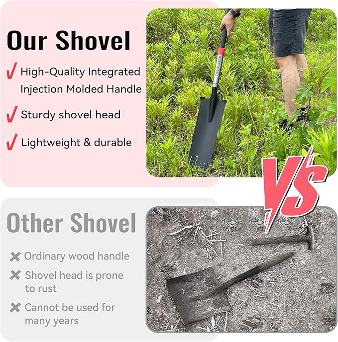 SHARK ATTACK Spade Shovel, 43in Heavy Duty Drain Spade for Digging, Ergonomic No-Slip H-Grip Handles, Oversized Steps and D Handle for Gardening, Land Management, Yard Work, Farming and Transplanting