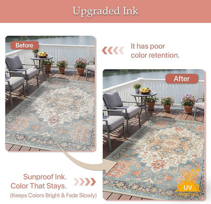 GENIMO Outdoor & Indoor Area Rug 5'x8', Waterproof, Non-Shedding, Easy Cleaning, Boho Mat for Patio, Living Room, Balcony, Dining Room, RV, Deck, Bedroom, Camping, Outside Carpet,Blue Salmon