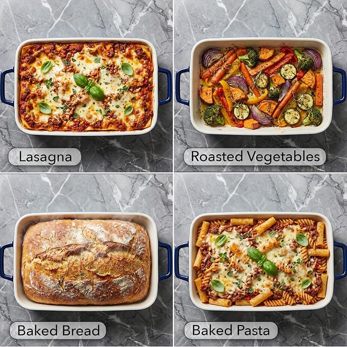 OVENTE Ceramic Baking Dish with Lid, 3 Quart Rectangular Stoneware Casserole Dish for Baking and Serving, Lasagna Pan Deep with Handles, Oven & Dishwasher Safe Bakeware, Ideal Home Gift, Blue BP13BL