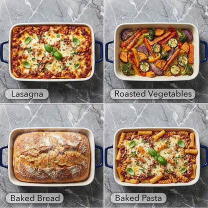 OVENTE Ceramic Baking Dish with Lid, 3 Quart Rectangular Stoneware Casserole Dish for Baking and Serving, Lasagna Pan Deep with Handles, Oven & Dishwasher Safe Bakeware, Ideal Home Gift, Blue BP13BL