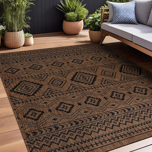 Beverly Rug Waikiki Boho Indoor Outdoor Rug 10x14, Washable Outside Carpet for Patio, Deck, Porch, Bohemian Area Rug, Farmhouse Rugs, Aztec Tribal Rug, Nut Brown and Black