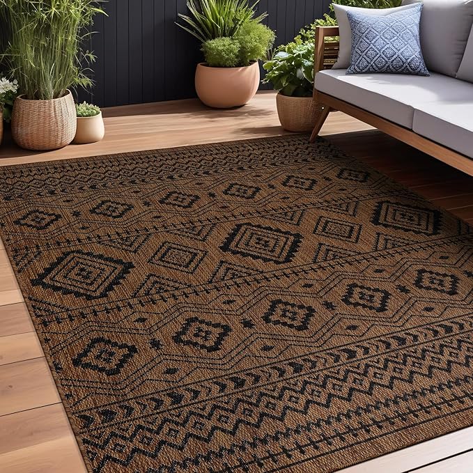 Beverly Rug Waikiki Boho Indoor Outdoor Rug 9x12, Washable Outside Carpet for Patio, Deck, Porch, Bohemian Area Rug, Farmhouse Rugs, Aztec Tribal Rug, Nut Brown and Black