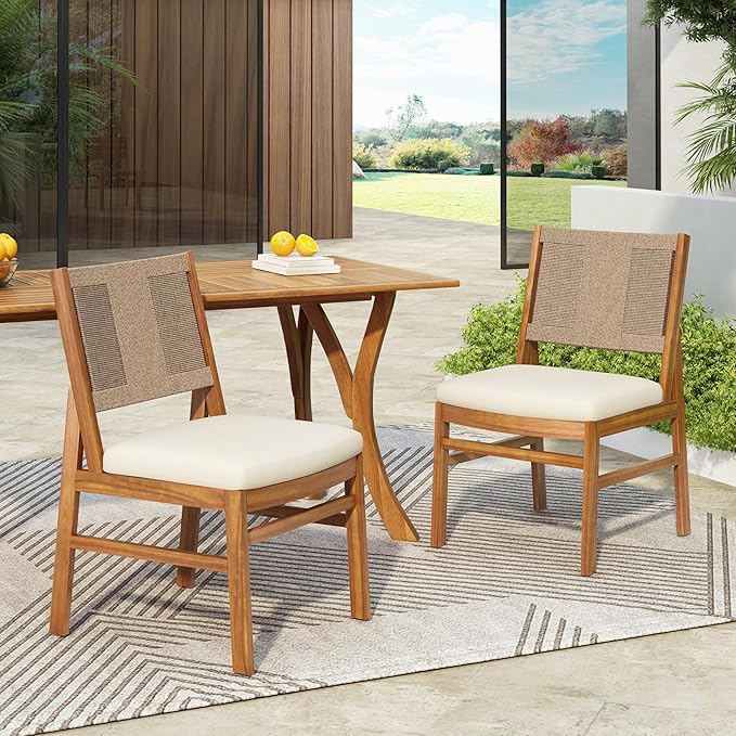 Christopher Knight Home Alan Outdoor Dining Chairs Set of 2, Wicker Woven Back Dining Chairs, Cushion Armless Chair, H Shaped Design Back, Acacia Wood Chair for Patio Poolside Garden, Teak+Cream