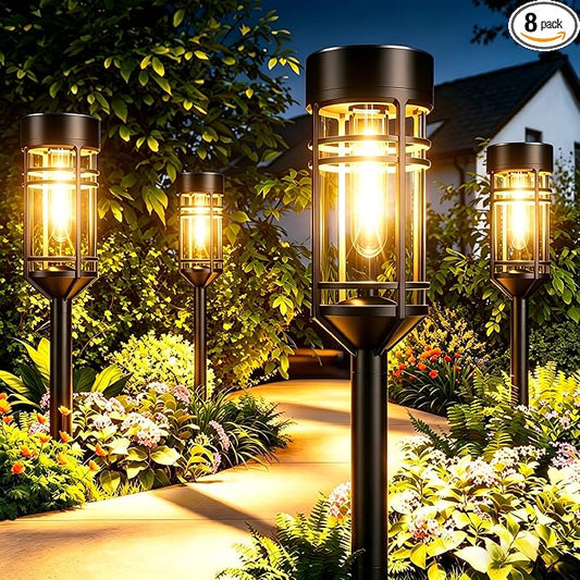 Amzarp 8 Pack Solar Garden Lights, Bright LED Solar Pathway Lights Outdoor IP65 Waterproof Rugged Shatterproof Auto On/Off for Landscape Garden Yard Walkway Driveway Lawn Lighting (3000K Warm White)