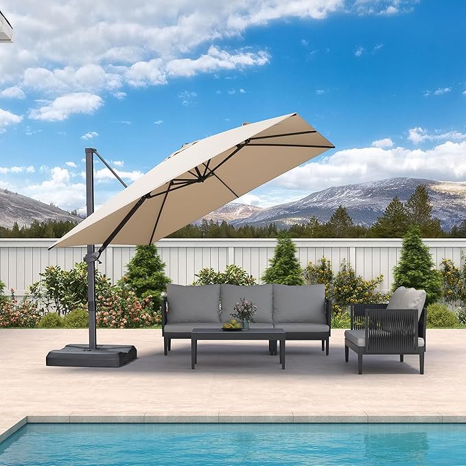 PURPLE LEAF 10' × 10' Patio Cantilever Umbrella Outdoor Square Adjustable Offset Umbrellas with 360-degree Rotation and 8 Heavy Duty Metal Ribs for Garden Deck Pool Beige