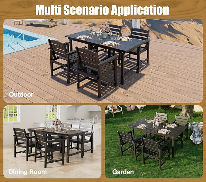 Anbuy Patio HDPE Dining Table Set, 5-Piece Outdoor Dining Table Sets, 2 in 1 Outdoor Furniture Table and 4 Outdoor Chairs for Garden, Backyard, Poolside, Easy Assembly, Black