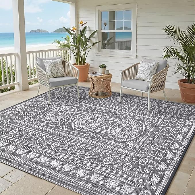 Garvee Reversible Outdoor Rug 5x8 for Patio, Waterproof Outdoor Area Rug, Boho Medallion Indoor Outdoor Carpet for Porch, Plastic Straw Rug for RV, Camping, Deck, Vintage Grey