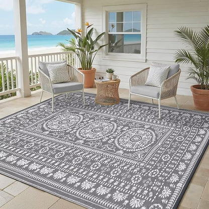 Garvee Reversible Outdoor Rug 5x8 for Patio, Waterproof Outdoor Area Rug, Boho Medallion Indoor Outdoor Carpet for Porch, Plastic Straw Rug for RV, Camping, Deck, Vintage Grey