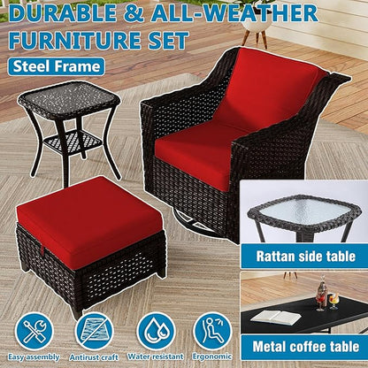 Vista Vibe 5 Pieces Outdoor Rattan Patio Conversation Furniture Set - 360 Degree Swivel Glider Rocker Chairs | Coffee Table | 2 Wicker Ottomans, Premium & Washable Cushions, Terrace (Brown/Red)