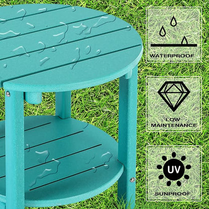 LZRS Round Adirondack Side Table Double End Table, Outdoor Side Tables for Patio, Backyard,Pool, Indoor Companion, Easy Maintenance & Weather Resistant(Turquoise)
