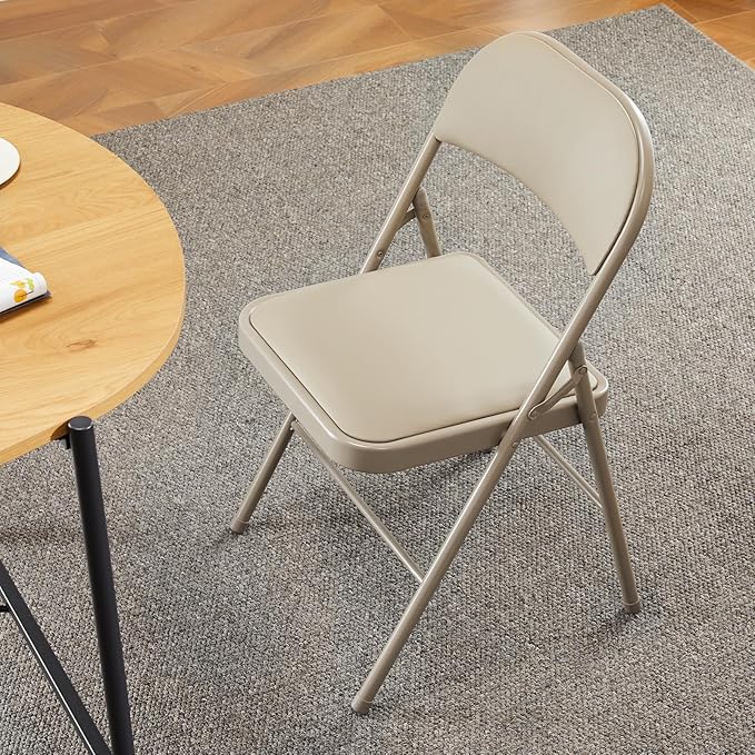 DUMOS 6 Pack Leather Padded Folding Chair, Indoor Outdoor Portable Stackable Commercial Seat with Steel Frame, Capacity for Home, Office, Party, Comfy, Kahki