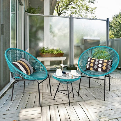 COSTWAY 3-Piece Outdoor Acapulco Chair Set, Wicker Conversation Bistro Sets with Plastic Rope, Glass Top Table, Patio Rattan Furniture Set for Garden, Balcony, Lawn, Backyard, Apartment, Turquoise
