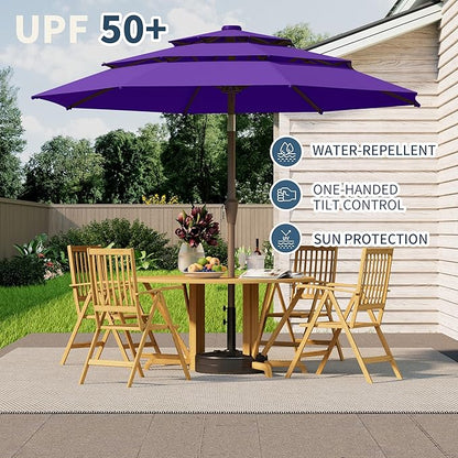 9FT 3 Tiers Patio Umbrella With Auto Tilt And Crank, Outdoor Table Market Umbrella with 8 Sturdy Ribs for Garden, Lawn, Deck, Backyard and Pool