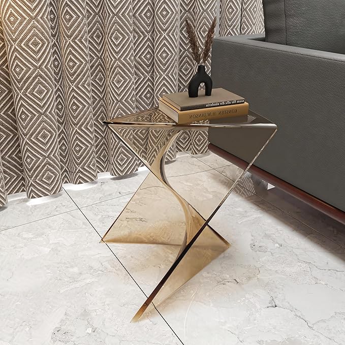 LeisureMod 15.75" Stackable Weather-Resistant Plastic Triangular Side Table - Accent End Table for Indoor & Outdoor Use (Transparent Amber, Set of 4)