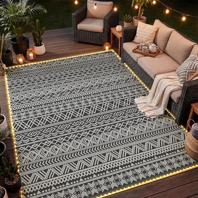 MontVoo-Outdoor Rug Carpet 9x12 ft for Patio RV Camping with Led Strip Lights Waterproof Plastic Straw Rug Reversible Portable Outside Indoor Outdoor Rug Mat for Patio Decor Balcony Picnic-Boho Rug