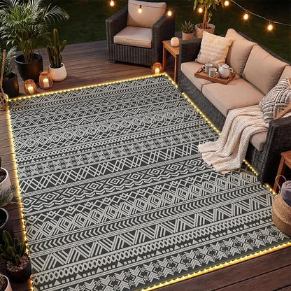 MontVoo-Outdoor Rug Carpet 9x12 ft for Patio RV Camping with Led Strip Lights Waterproof Plastic Straw Rug Reversible Portable Outside Indoor Outdoor Rug Mat for Patio Decor Balcony Picnic-Boho Rug