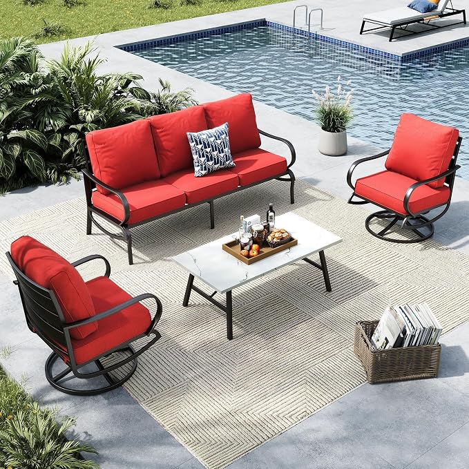 MFSTUDIO 4 Pieces Patio Conversation Sets(5 Seat), Outdoor Metal Furniture Sofa Set with 1 Loveseat(3 Seat), 2 Swivel Chairs, 1 Coffee Table, Steel Frame Patio Set with Burgundy Red Cushion for Patio