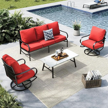 MFSTUDIO 4 Pieces Patio Conversation Sets(5 Seat), Outdoor Metal Furniture Sofa Set with 1 Loveseat(3 Seat), 2 Swivel Chairs, 1 Coffee Table, Steel Frame Patio Set with Burgundy Red Cushion for Patio
