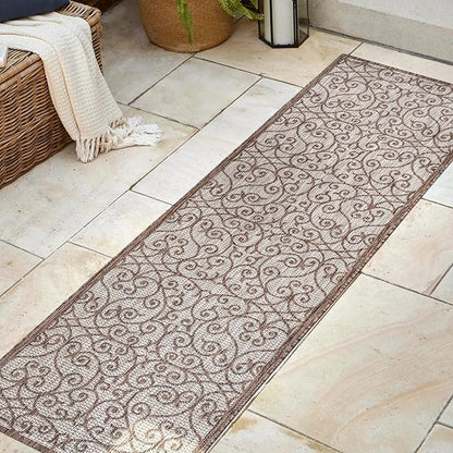 JONATHAN Y Vintage Filigree Indoor Outdoor Runner Rug 2X8 Taupe/Espresso, Madrid Textured Weave for Backyard, Patio, Porch, Easy-Cleaning, High Traffic, Pet-Friendly, Non-Shedding (SMB107C-28)