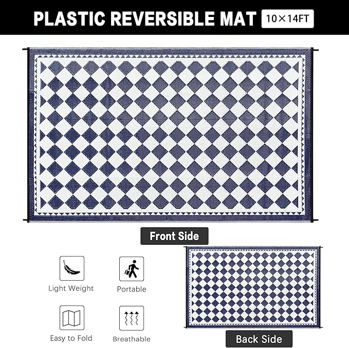 HUGEAR Outdoor Waterproof Rug 10'x14' Plastic Straw Rugs Washable Reversible Floor Mat Blue Plaid Carpet for Camping RV Deck Entryance Porch Picnic Balcony Beach Backyard