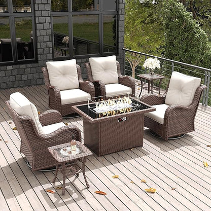 LayinSun 7 Pieces Outdoor Patio Furniture Set with Fire Pit Table, Rattan Wicker Swivel Rocker Chairs Sets with Swivel Glider Chairs and Coffee Table
