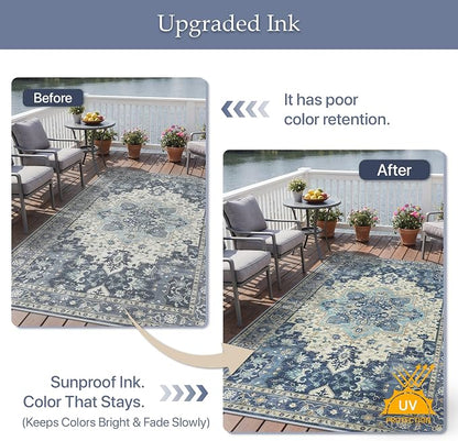 GENIMO Outdoor & Indoor Area Rug 4'x6', Waterproof, Non-Shedding, Easy Cleaning, Boho Mat for Patio, Living Room, Balcony, Dining Room, RV, Deck, Bedroom, Camping, Outside Carpet,Center Blue