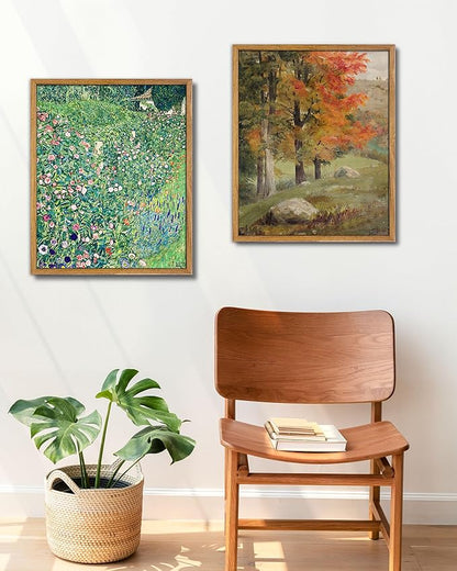 UPWOIGH 16x24 in Large Framed Wall Art, Gustav Klimt Green Botanical Oil Painting Canvas, Vintage Italian Garden Floral Landscape, Retro Moody Wall Decor for Living Room Bedroom, 1 Pack Gift