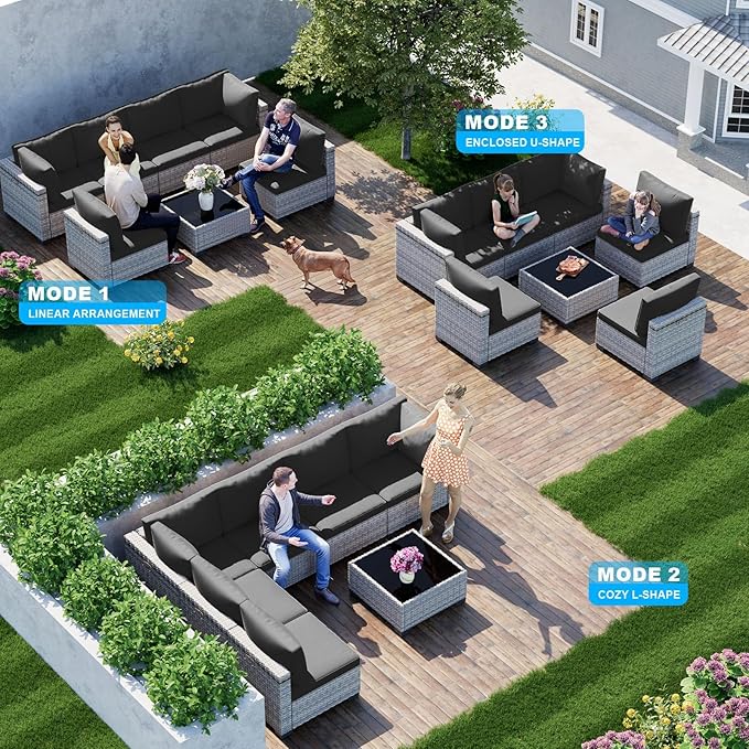 7-Piece Patio Furniture Set, Outdoor Sectional with Thick Cushions, Modular Patio Sofa, Dual-Strand Wicker Rattan, Rust-Resistant Frame, Backyard Furniture for Garden, Deck, Dark Black