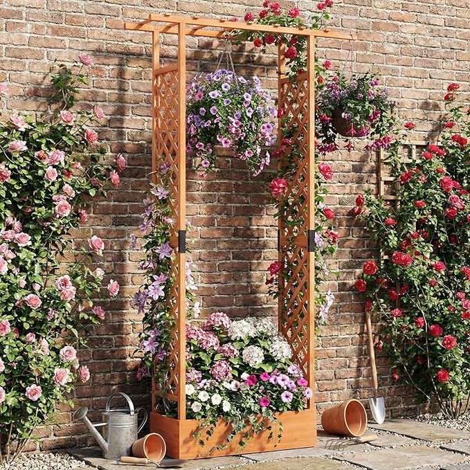 S AFSTAR Raised Garden Bed with Trellis, 2-in-1 Fir Wood Planter Box with Flat Roof & Drainage Holes, Vertical Planter Raised Bed for Climbing Plants, Flowers & Vegetables, 43" x 14" x 89" (Orange)