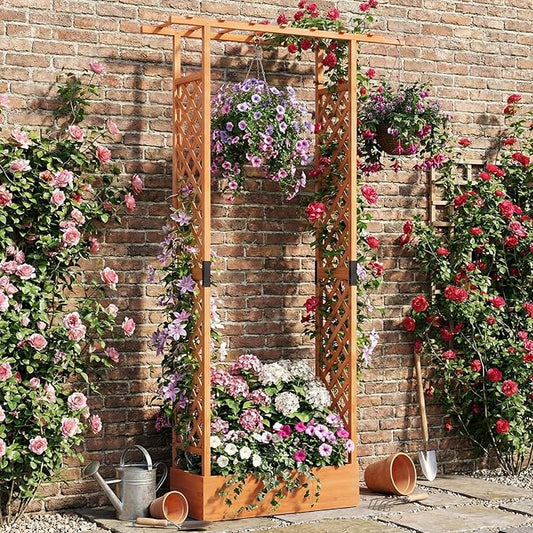 S AFSTAR Raised Garden Bed with Trellis, 2-in-1 Fir Wood Planter Box with Flat Roof & Drainage Holes, Vertical Planter Raised Bed for Climbing Plants, Flowers & Vegetables, 43" x 14" x 89" (Orange)