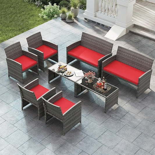 Tangkula 8 Piece Patio Wicker Furniture Set, Outdoor Heavy Duty Rattan Cushioned Chairs, Loveseat and Tempered Glass Coffee Table, for Backyard, Balcony, Poolside Red