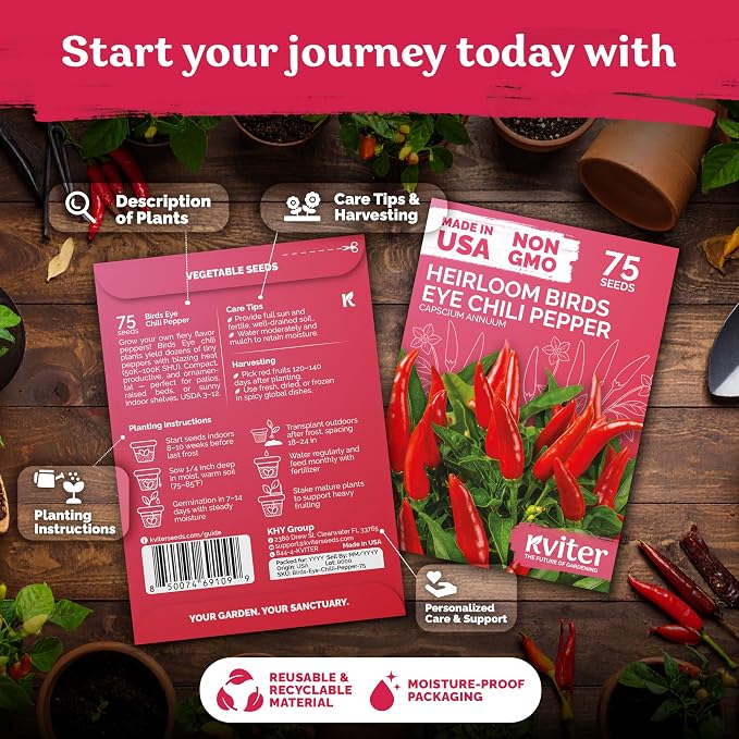 KVITER 75 Birds Eye Chili Pepper Seeds for Planting (Capsicum Annuum) — Thai Chili Red Pepper, Extra‑Hot 50K-100K SHU, High‑Yield Bush — Heirloom Vegetable Seeds for Outdoor & Indoor Garden