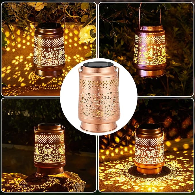 2 Pack Solar Lanterns Outdoor Waterproof, Hanging Metal Butterfly Decorative Lights for Garden Patio Yard Porch Pathway, Solar Powered Outdoor Lantern Gifts for Women Mom Grandma