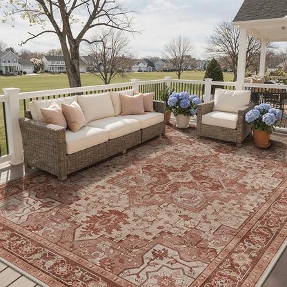 GENIMO Outdoor & Indoor Area Rug 10'x14', Waterproof, Non-Shedding, Easy Cleaning, Boho Mat for Patio, Living Room, Balcony, Dining Room, RV, Deck, Bedroom, Camping, Outside Carpet,Brown Red