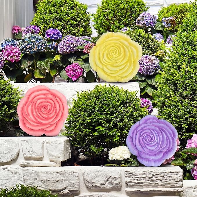 Cinnvoice 3 Pack Garden Stepping Stone Outdoor, Decorative Dimensional Resin Stepping Stones for Patio Pathway Landscaping Walkway Sculpture Yard Backyard Lawn(Rose,10 Inches)