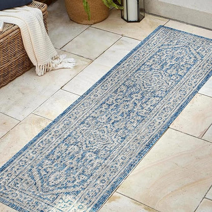 JONATHAN Y Medallion Weave Indoor Outdoor Runner Rug 2X8 Navy/Gray, Sinjuri Textured for Backyard, Patio, Porch, Easy-Cleaning, High Traffic, Pet-Friendly, Non-Shedding (SMB101B-28)