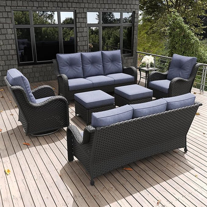 LayinSun 7 Pieces Outdoor Patio Furniture Set, Rattan Wicker Sectional Swivel Rocker Chairs Sets with Ottomans, Swivel Glider Chairs and Coffee Table