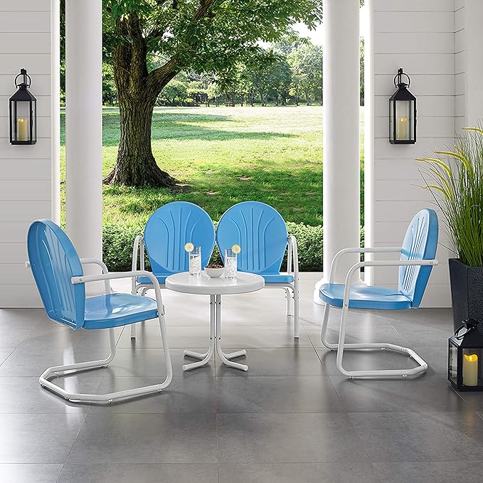 Crosley Furniture Griffith 4-Piece Retro Metal Outdoor Loveseat Patio Furniture Set for Porch, Deck, Balcony, Sky Blue
