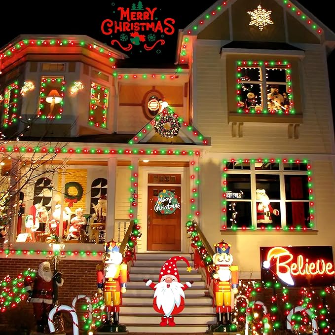 YEGUO 4 Pack Red and Green Solar Fairy Lights, Each 33ft 100 LED Christmas Lights Outdoor Waterproof, 8 Modes Sliver Wire Solar String Lights