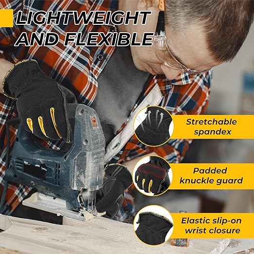 HANDLANDY Work Gloves Mens & Women, Utility Safety Mechanic Working Gloves Touch Screen, Flexible Breathable Yard Work Gloves (X-Large, Black-Yellwo)