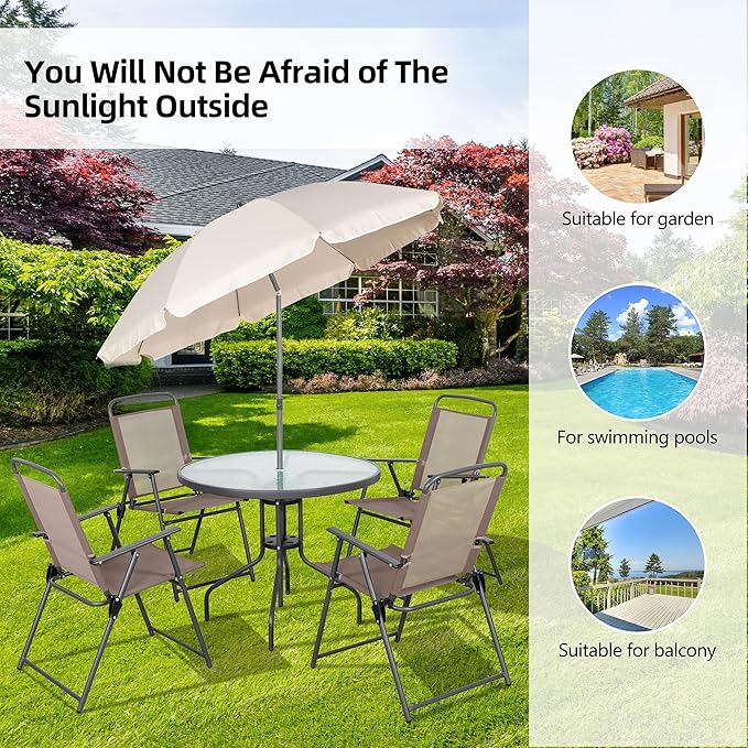 Vongrasig 6 Pieces Folding Patio Dining Set, All Weather Small Metal Outdoor Table and Chairs Set, Patio Furniture Set w/Umbrella, Glass Table & 4 Folding Chairs for Garden, Lawn, Backyard, Brown