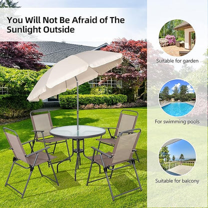 Vongrasig 6 Pieces Folding Patio Dining Set, All Weather Small Metal Outdoor Table and Chair Set, Garden Patio Furniture Set w/Umbrella, Glass Table & 4 Folding Chairs for Lawn, Backyard, Brown