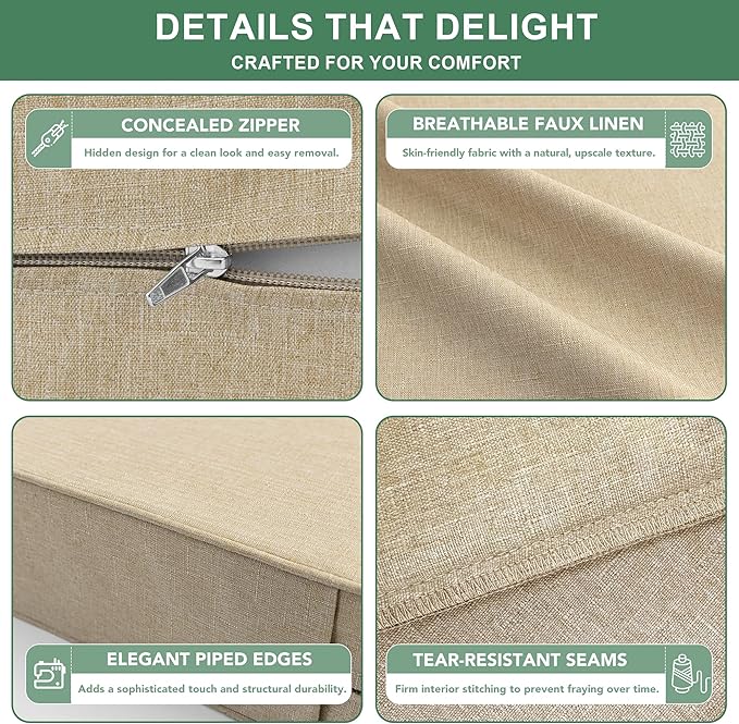 Summsun Outdoor Chair Cushions 22 x 22 Inch, Faux Linen Patio Furniture Cushions, Water Resistant Backrest and Deep Seat Cushion Set with Straps, Removable Cover, Non-Slip Bottom, Nature