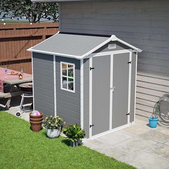Resin Outdoor Storage Shed Kit Plastic Sheds Perfect to Store Patio Furniture, Garden Tools Bike Accessories, Beach Chairs and Lawn Mower, Grey (6x6 ft)