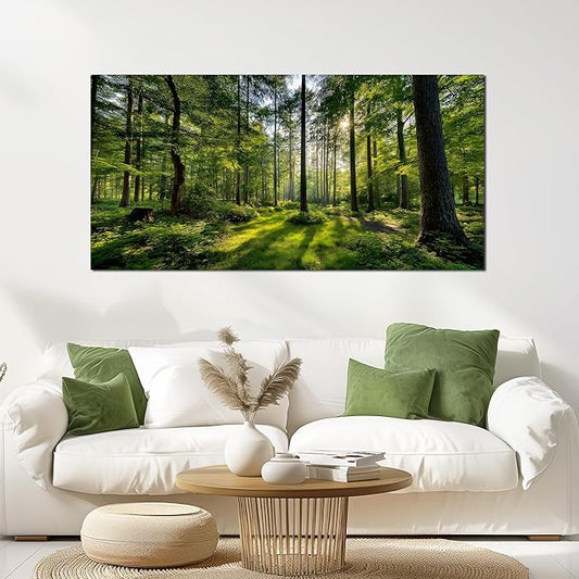 Tarfupth Large Forest Wall Art for Living Room Green Woodland Landscape with Sunlight Modern Nature Wall Decor for Bedroom Office Home Decor 24"x48"