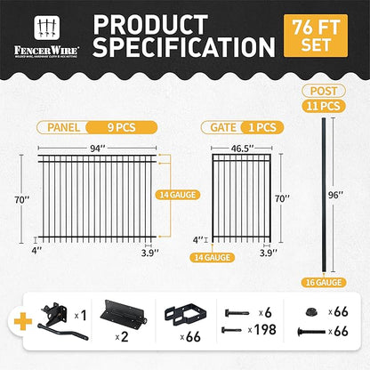 Fencer Wire 76FT Heavy Duty Flat Top Fence Barrier Kit, Anti-Rust Metal Steel Fence with 6FT Height X 8FT Width Panels, Gate, Posts, Connectors, 2” Diameter Outdoor Fencing for Yard, Pool, Patio