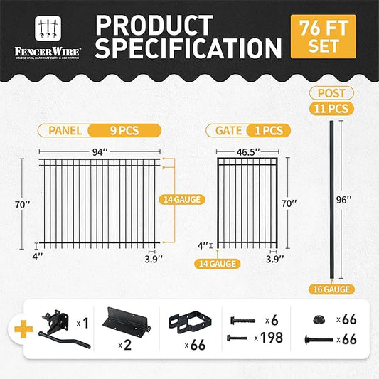 Fencer Wire 76FT Heavy Duty Flat Top Fence Barrier Kit, Anti-Rust Metal Steel Fence with 6FT Height X 8FT Width Panels, Gate, Posts, Connectors, 2” Diameter Outdoor Fencing for Yard, Pool, Patio