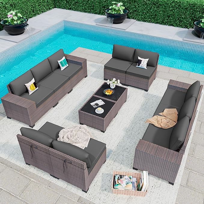 12PCS Outdoor Patio Furniture Set,PE Rattan Wicker Patio Conversation Set with Washable Cushions & Glass Coffee Table,Patio Sectional Furniture Set for Garden, Poolside, Backyard,Grey